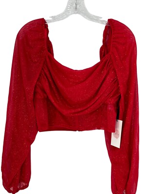NWT Red Shimmer Crystal Sky Long Sleeve Crop Size L Party Glamour
