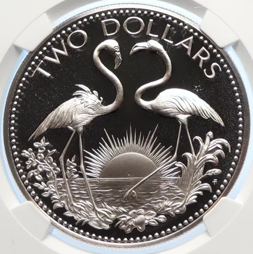 1974 THE BAHAMAS Bohemian Arms FLAMINGOS Proof Silver 2 Dollar Coin NGC i106410