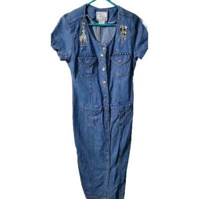 Vintage Y2K Just For Fun Jean Blue Denim Long Dress Large USA Made 1997 Giraffe
