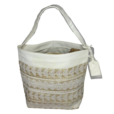 Estée Lauder Destinations Women Shoulder Tote Bag White & Gold Woven Rattan NWOT
