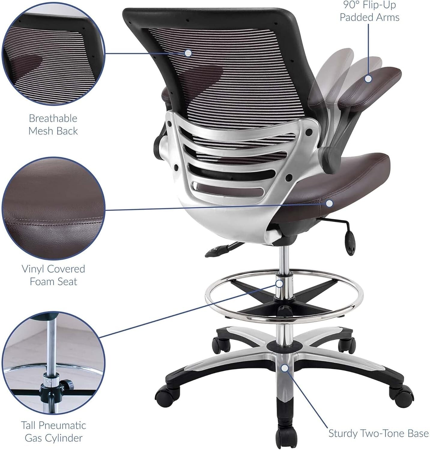 Modway EEI-211-BRN Edge Drafting Chair - Reception Desk Chair - Flip-Up Arm