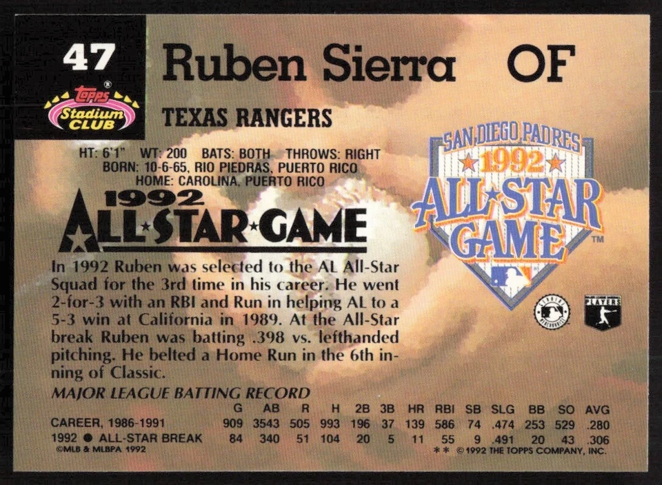 1993 Topps Stadium Club Murphy #47 Ruben Sierra Texas Rangers - Image 2 of 2