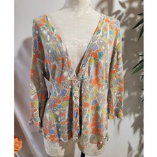 Nic Zoe Linen Silk Abstract Button 3/4 Sleeve Rib Detail Cardigan Sweater XL