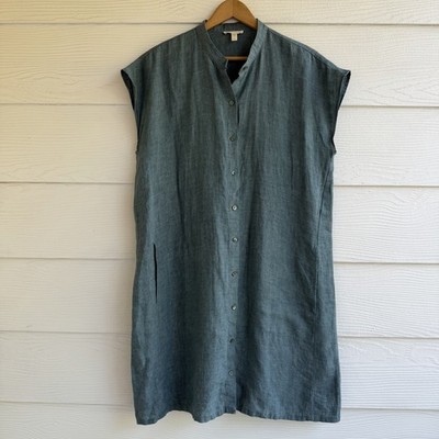 Eileen Fisher Organic Linen Button Front Shift Dress Blue M Pockets  Mandarin | eBay