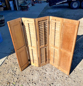 VTG 41" x 49 1/4 Wood Interior Louver Plantation Window Shutters Ornate Hardware