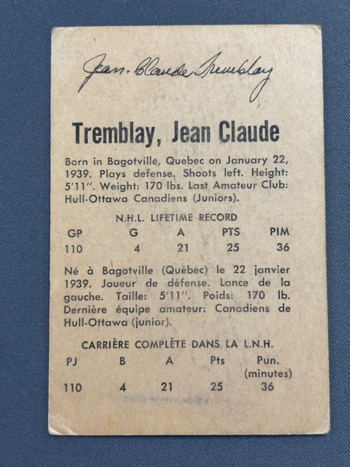 1962-63 Parkhurst #54 JEAN CLAUDE TREMBLAY RC * See Pics for Condition ...