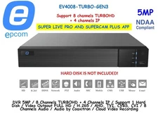 Epcom EV4008-TURBO-GEN3 DVR 5MP 8CH TURBOHD+ 4 Ch IP H.265 8CH/AoC/ONVIF NO HDD