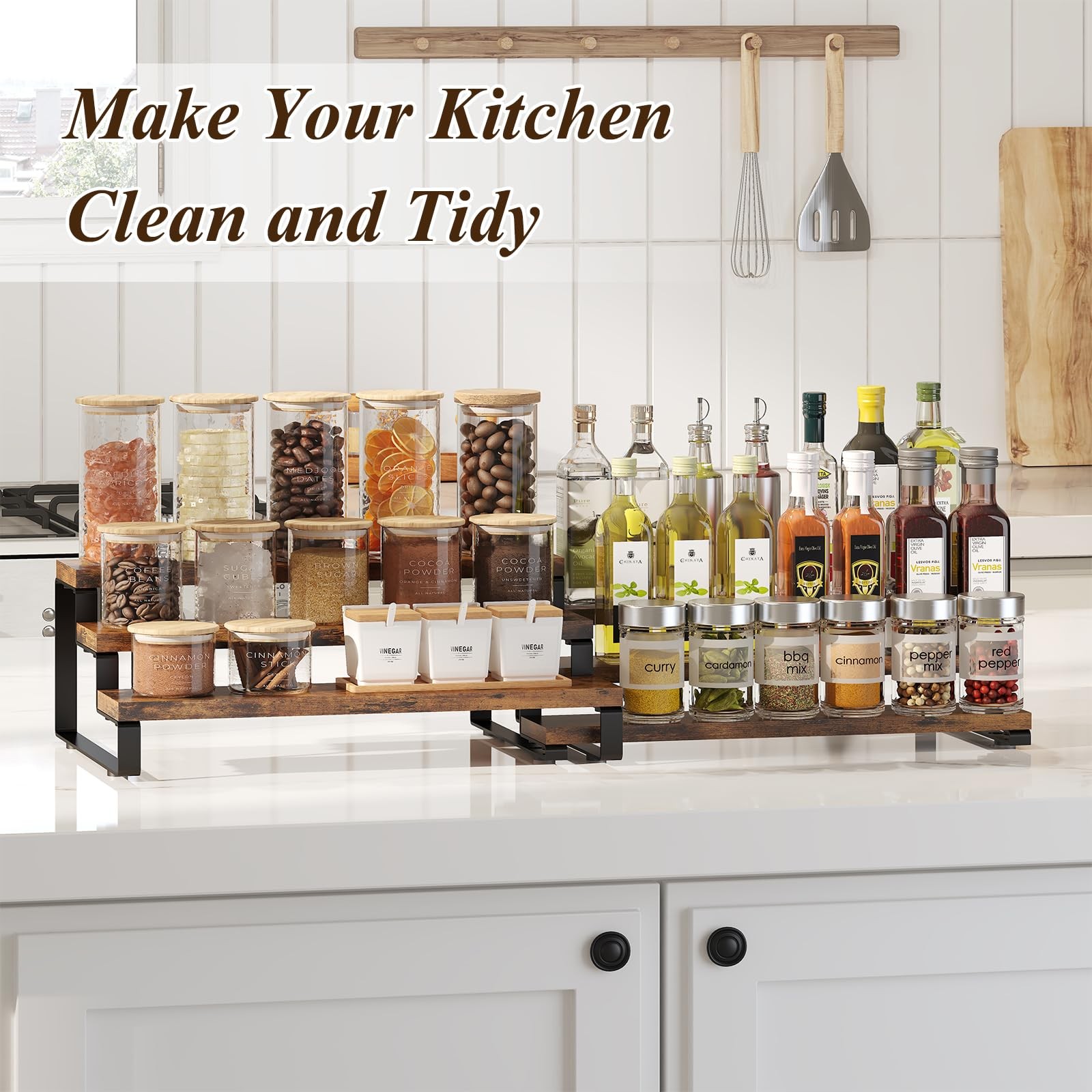Spice Rack Organizer for Cabinet, 3 Tier Wooden Display Riser Stand, Rustic C...