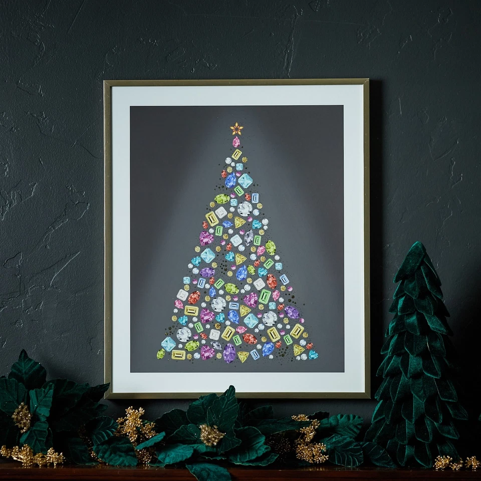 Estampado de árbol de joyas navideñas bajo vidrio 23,5" H Foto 2 de 3