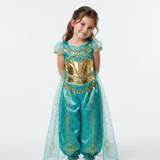 Girls Jasmine Princess Costume Outfit Teal Gold Satin Sheer Birthday Party