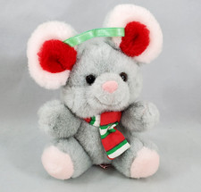 Russ Berrie Sm Gray Winter Mouse w/ Earmuffs  Striped Scarf Pink Ears Feet Vtg