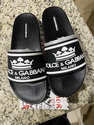 Dolce & Gabbana Men s Logo Slide Sandals Slip-On Casual Solid Black/White EU 45