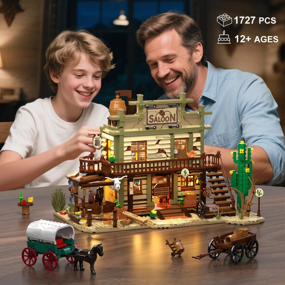 Western Saloon Building Set with LED Light, Wild West Building Block Toy 1727PCS - Image 4 of 4
