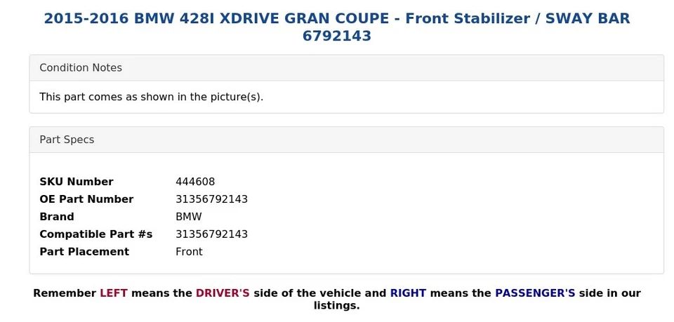 BMW 428I XDRIVE 2015-2016 gran cupé - estabilizador delantero / barra estabilizadora 6792143 Foto 4 de 4