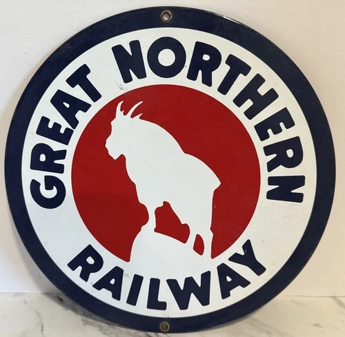 90s VINTAGE GREAT NORTHERN RAILWAY Baked Enamel Sign Plaque Railroad Gasoline