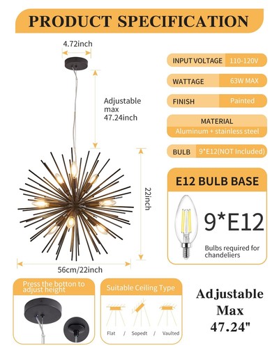 Modern Black Sputnik Chandelier 9-Light Dining Room Chandelier Light Fixture ... - Picture 2 of 9