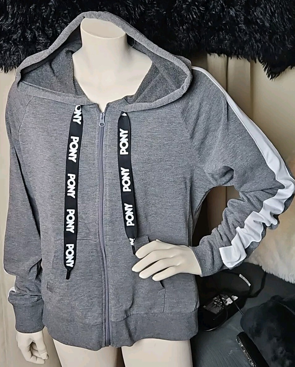 Felpa PONY full zip con cappuccio donna L grigio bianco logo coulisse elasticizzato