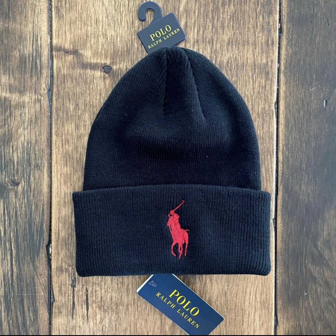 Cappello Polo Ralph Lauren Uomo Big Pony con Polsini Berretto Nero Rosso Nuovo con etichette