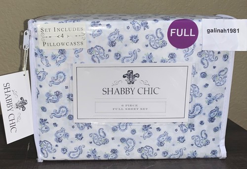 Shabby Chic Rachel Ashwell 6pc White Blue Paisley Full Sheet Set w/4 Pillowcases - Bild 1 von 4