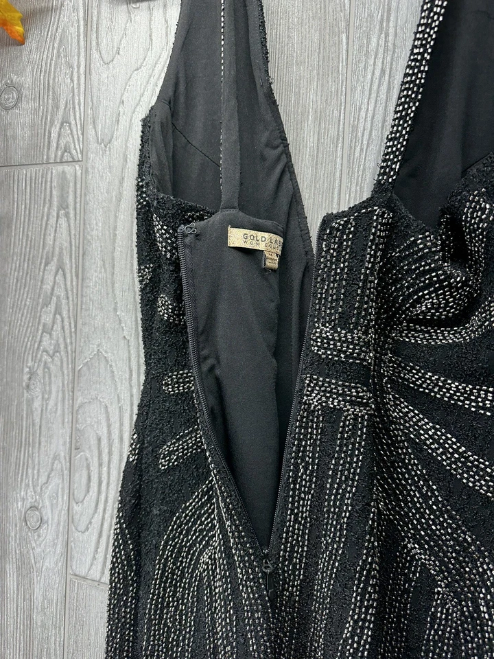 VESTIDO SEXY WOW COUTURE ETIQUETA DORADA FUNDA CON CUENTAS PLATEADA Pesado Grueso Mediano NEGRO Foto 2 de 4