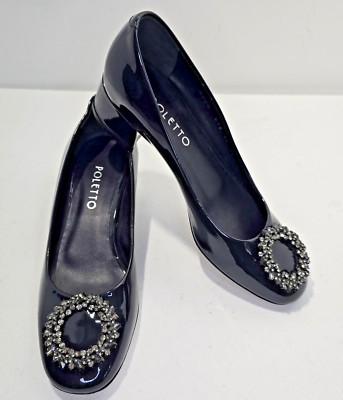 Poletto Charcoal Gray Patent Leather Heels Pumps Rhinestone Medallion Size 36