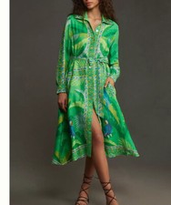FARM RIO ANTHROPOLOGIE SZ S GREEN MACAW SCARF CHEMISE MIDI DRESS
