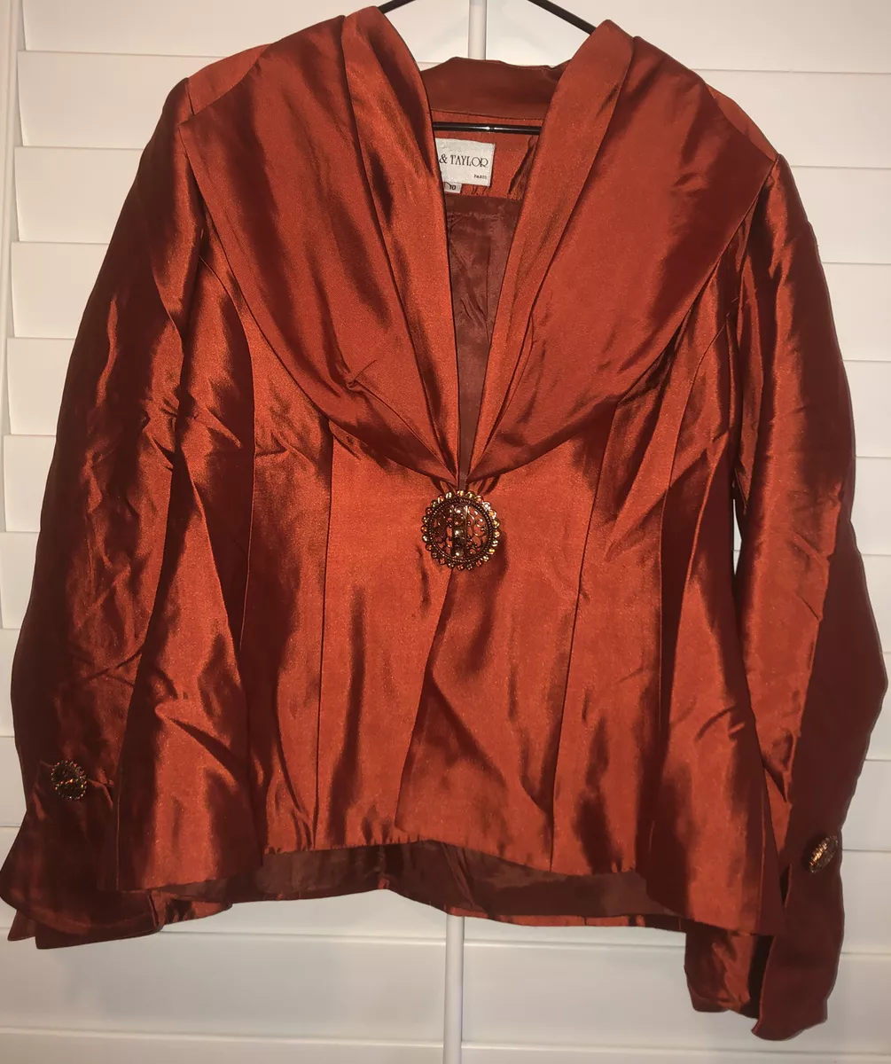 🧡Lily and Taylor Blazer Jacket Women’s Silk Shimmer Orange W/Jewel Accent Sz 10