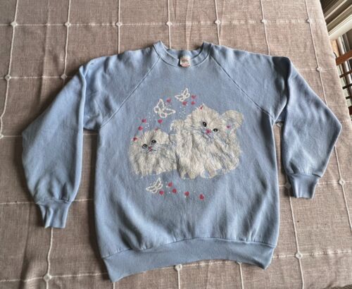 Sweat-shirt vintage Fruit of the Loom chatons et papillons fabriqué aux États-Unis années 90 - Photo 1/2