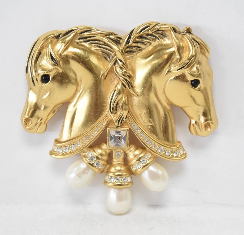Vintage ELIZABETH TAYLOR Avon Hearts In Tandem Gold Tone HORSE