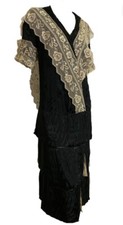 True Vintage 1920s Black Silk Dropped Waist Dress with Wide Lace Trim