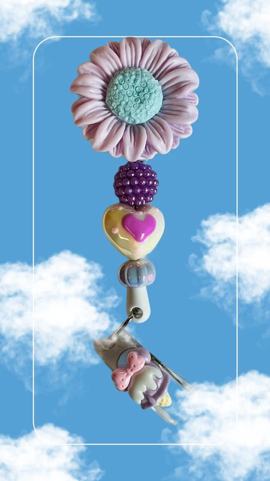 "Carrete retráctil con soporte de insignia de identificación con temática de flor de margarita púrpura 24"" clip deslizable" Foto 2 de 4