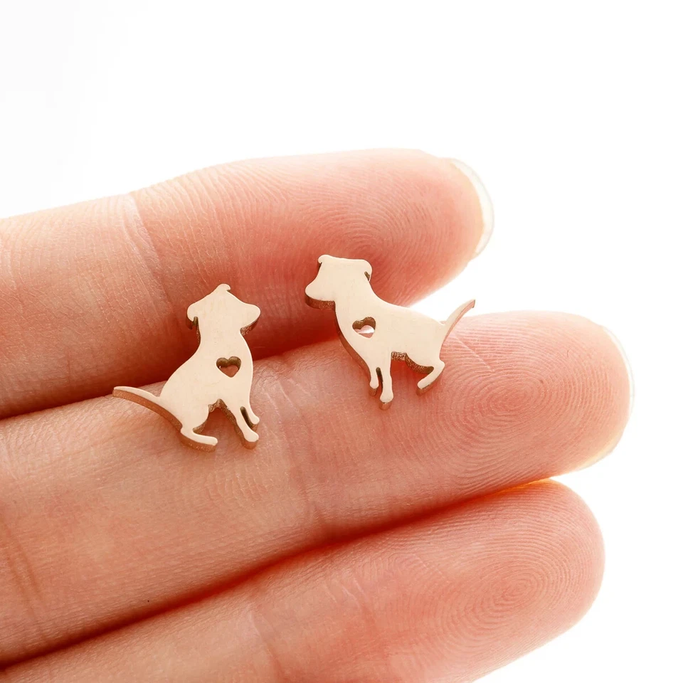 Pendientes Perro Oro Rosa con Corazón, Perro Amor Mascota, Gran Regalo, Amante de los Animales Foto 2 de 3