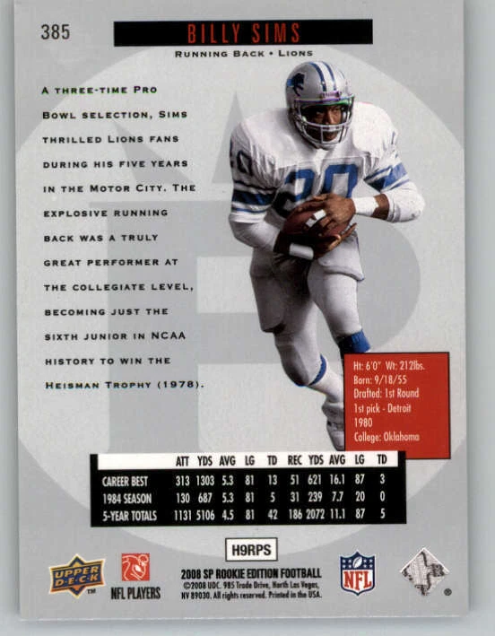 2008 SP Rookie Edition #385 Billy Sims 96 (ref 146642) - Image 2 of 2