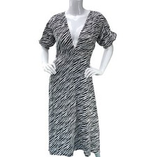 Faithful the Brand Women Size Small 4 Zebra Midi Dress V Neck Plunge Puff Sleeve