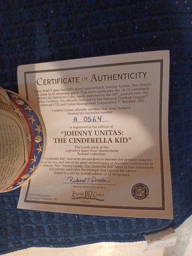 Johnny Unitas "Cinderella Kid" Supervowl V Lidded Stein. With COA - Picture 6 of 6