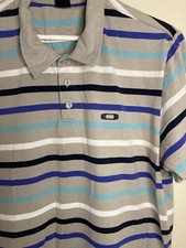 Oakley Polo Shirt Men's XL Gray Blue Stripe Short Sleeve Cotton Blend Logo