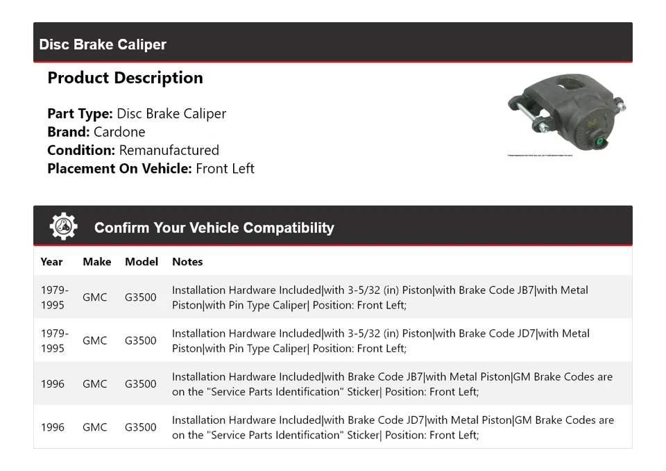 Pinza de freno de disco delantera izquierda cardone 1980 1981 1982 para GMC G3500 1979-1996 Foto 2 de 4