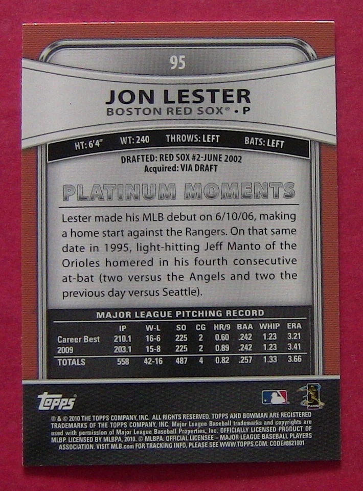 JON LESTER, 2010 BOWMAN PLATINUM #95, RED SOX - Image 2 of 2