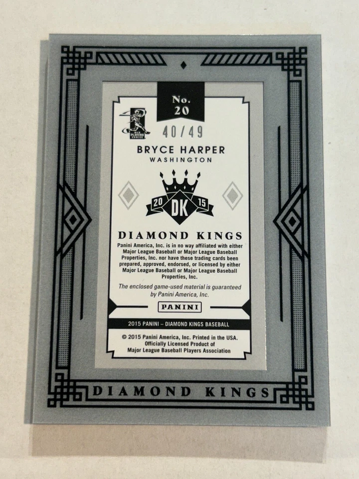 2015 DIAMOND KINGS BRYCE HARPER 40/49 MINI FRAMED GAME USED JERSEY NATIONALS T1 - Image 2 of 2