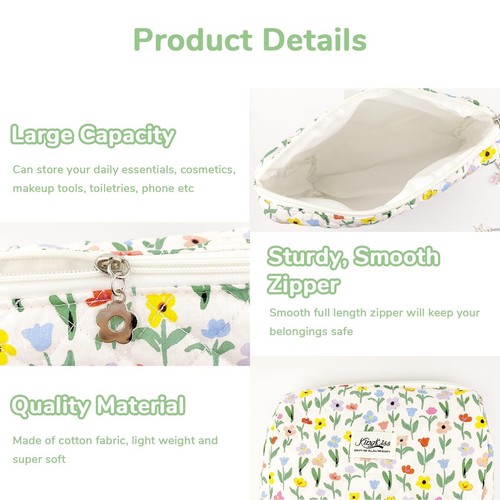 Quilted Makeup Bag Floral Makeup Bag Cute Make Up Pouch Travel Organizer Toil... - Picture 5 of 7