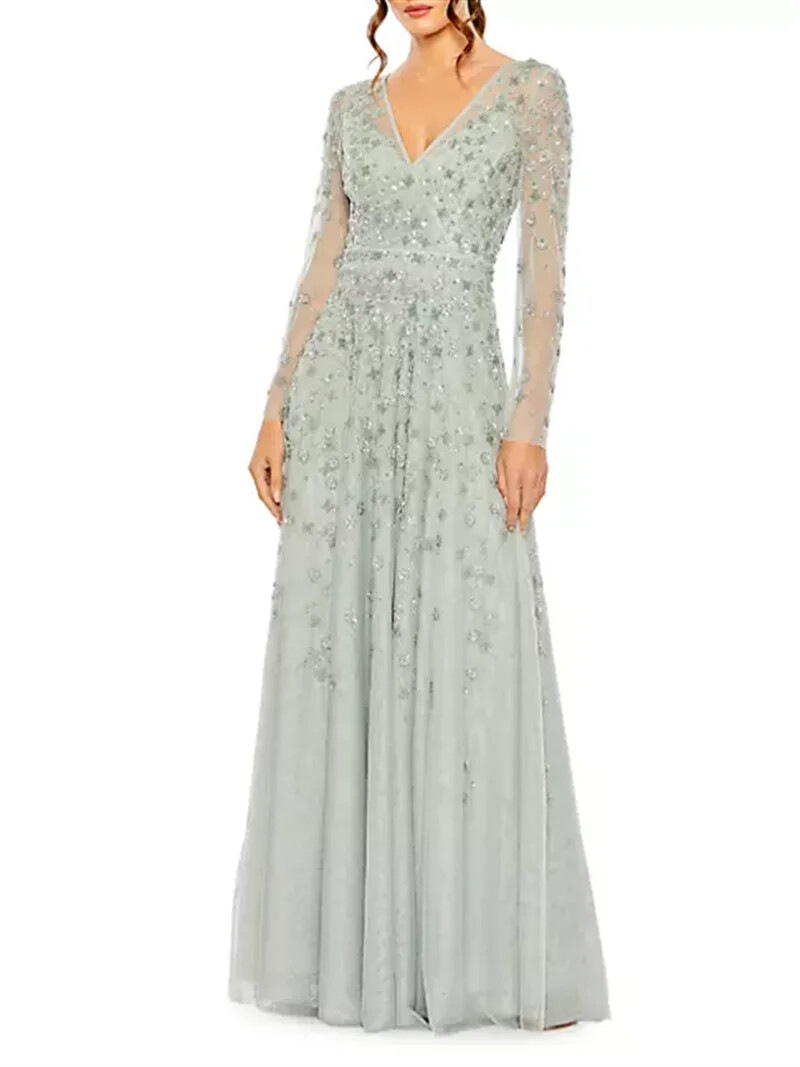 Soft Tulle Sequin Long-sleeved A-line Evening Gown New Floral Applique V-neck