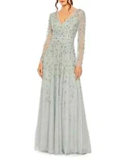 Soft Tulle Sequin Long-sleeved A-line Evening Gown New Floral Applique V-neck