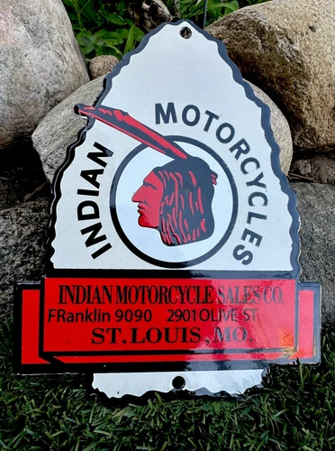 Vintage Indian Motorcycles Door Push Sign Porcelain Steel Gas Pump Sales Sign