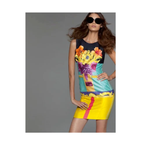 VERSACE 2010 Abito tubino shealth in seta stampato a colori gioiello brillante 42 UK 10