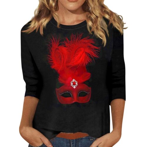 3/4 Sleeve Shirts For Women Print Tees Blouses Casual Plus Size Basic Tops - Picture 12 of 45