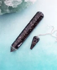 Orgone BLACK TOURMALINE WAND With COPPER Coil,CRYSTAL WAND And DOWSING PENDULUM