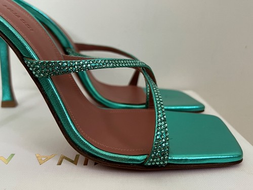 NIB Amina Muaddi Adriana Caribbean Blue Leather Crystal Mule Pumps Sz 36 6 $1040 - Picture 16 of 20