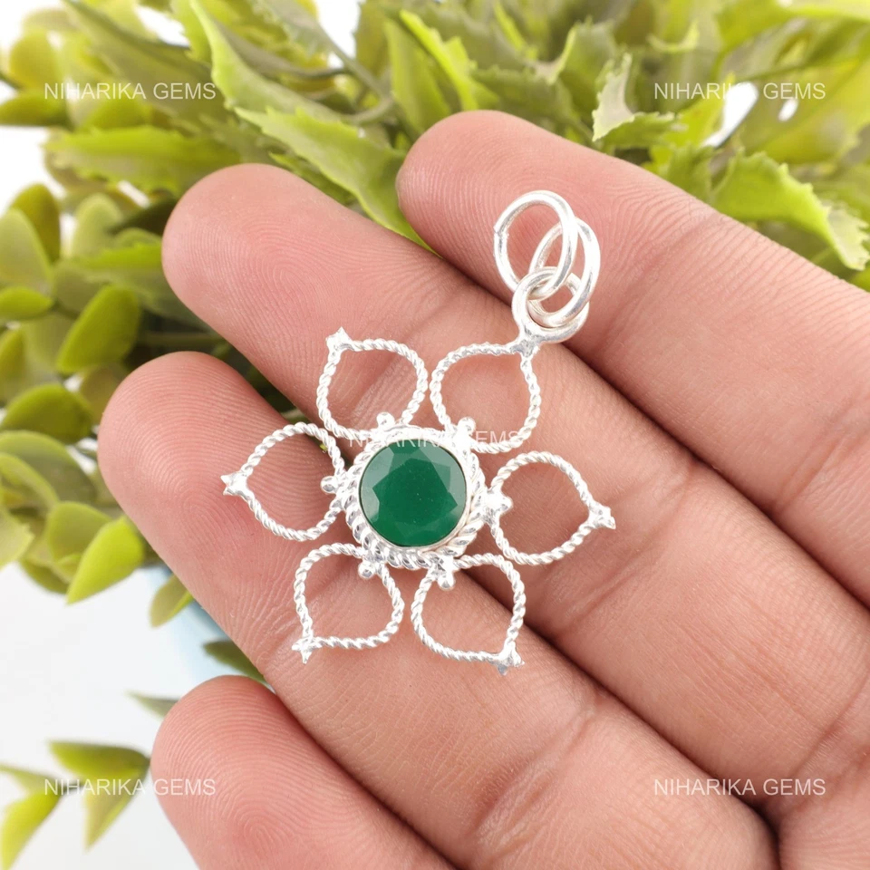 Colgante De Joyería Boho Art Deco De Ónix Verde Facetado De Plata Esterlina - Imagen 4 de 4