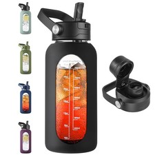 32 oz Glass Water Bottle with Straw, Time Marker, Silicone Sleeve, Gym Flask