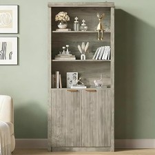 71" Tall Bookshelf,5 Tier Bookcase Display Shelves with Fluted Doors  Storage C